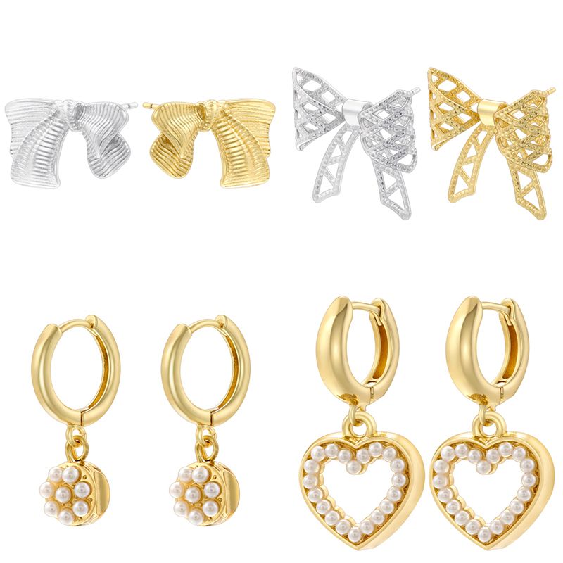 1 Pair IG Style Basic Classic Style Round Heart Shape Bow Knot Plating Inlay Copper Artificial Pearls Zircon 18K Gold Plated Drop Earrings