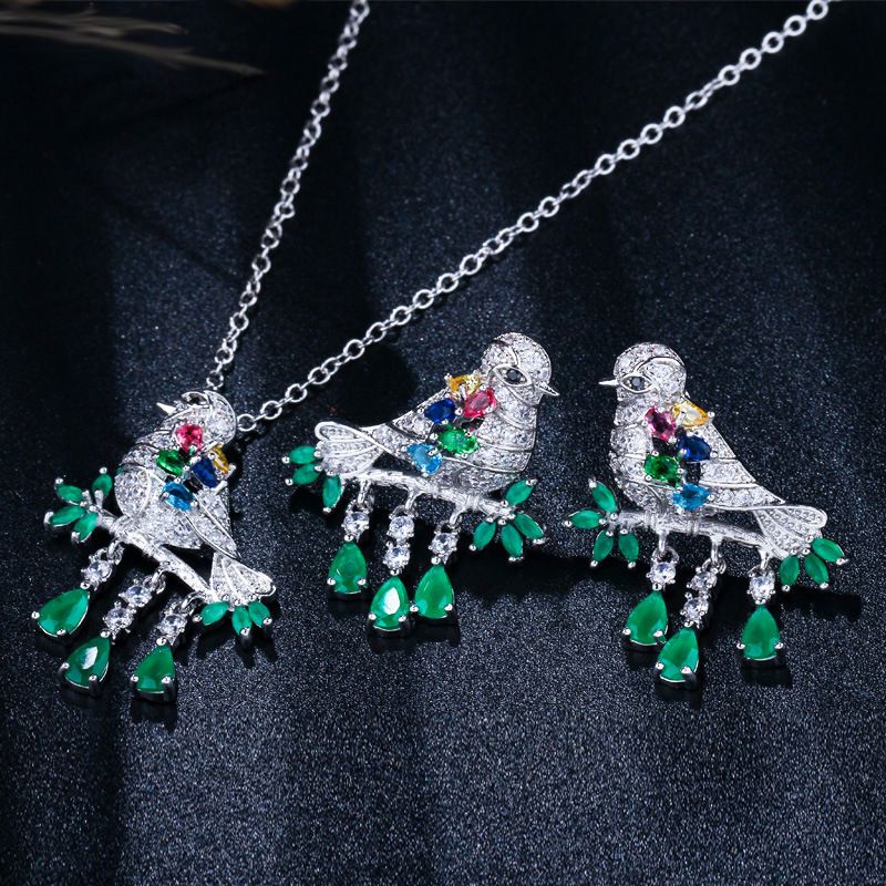 Sterling Silver Copper Silver Plated Chinoiserie Vintage Style Inlay Bird Zircon Earrings Necklace Jewelry Set