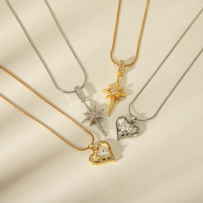 Acero Inoxidable 304 Cobre Chapados en oro de 18k Casual Estilo Simple Embutido Estrella Forma De Corazón Circón Collar Colgante