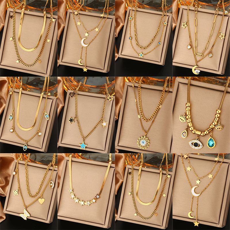 316L Stainless Steel  18K Gold Plated Vintage Style Commute Plating Inlay Devil's Eye Star Moon Turquoise Rhinestones Layered Necklaces