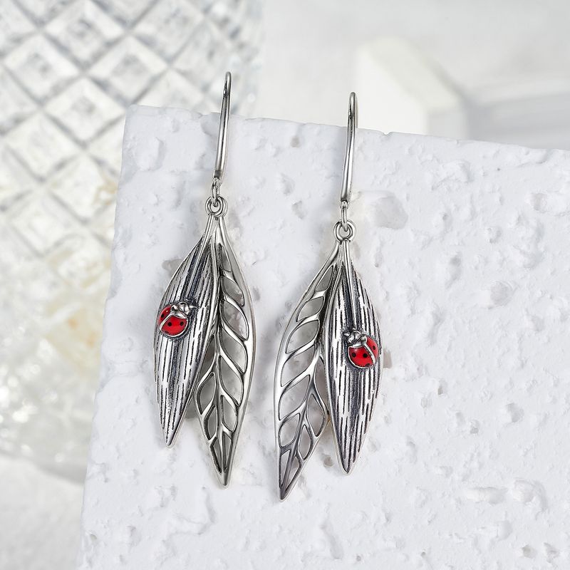 1 Paire Style IG À La Française Style Moderne Feuille Coléoptères Émail Argent Sterling Boucles D'oreilles