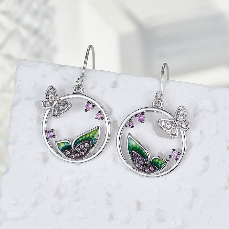 1 Pair Elegant Lady Sweet Butterfly Enamel Inlay Sterling Silver Zircon Drop Earrings