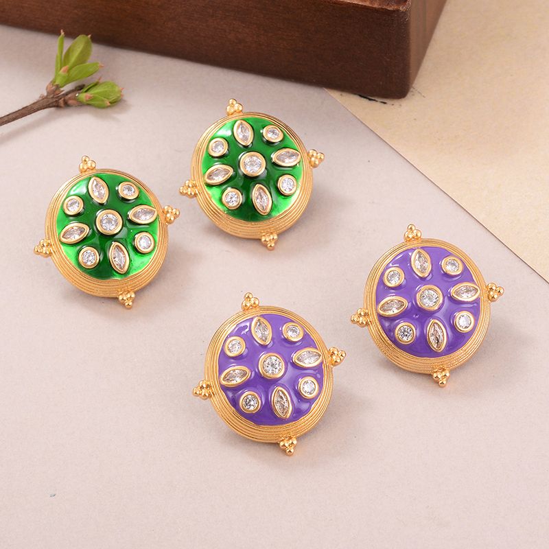 1 Paire Style IG Style Vintage À La Française Tortue Rond Incruster Le Cuivre Zircon Or Médiéval Boucles D'Oreilles