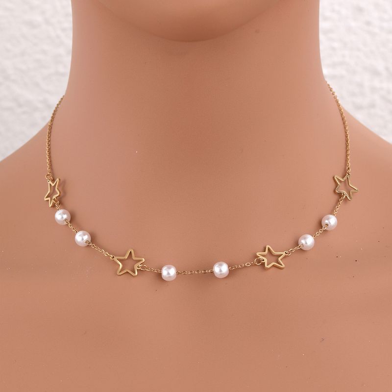 304 Stainless Steel Imitation Pearl 18K Gold Plated Elegant Beach Plating Hollow Out Pentagram Choker