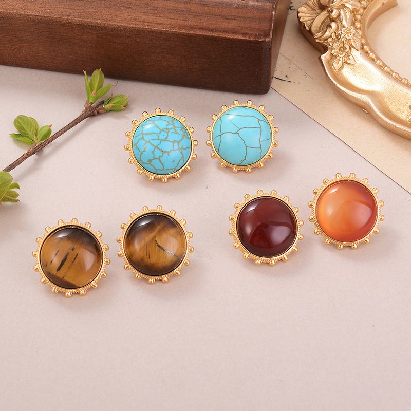 1 Pair Classical French Style Round Stripe Plating Inlay Alloy Agate Tiger Eye Ear Studs
