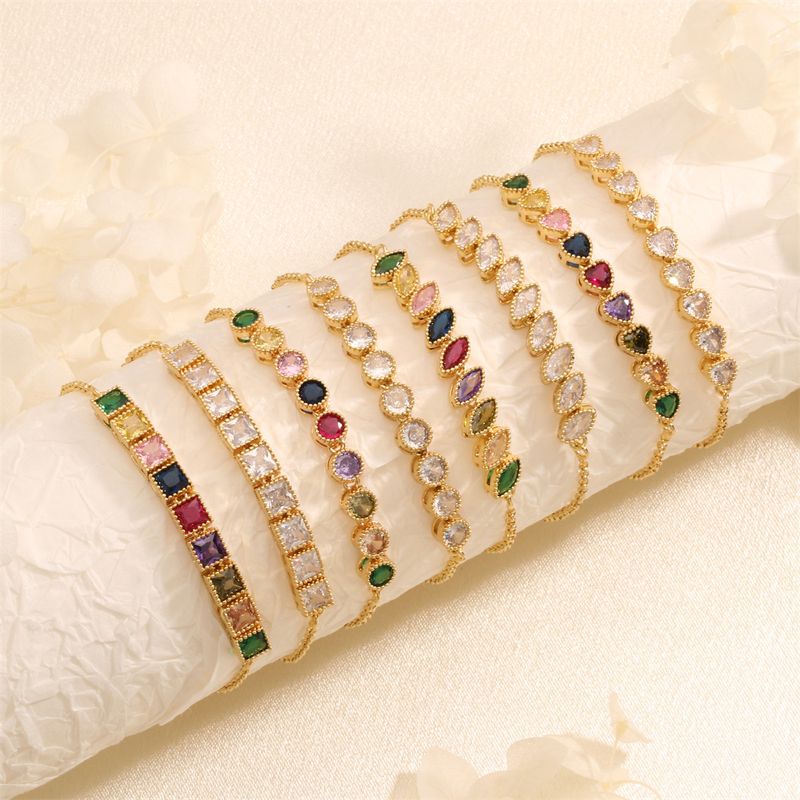 Wholesale Simple Style Commute Round Square Heart Shape Copper Plating Inlay 18K Gold Plated Zircon Bracelets
