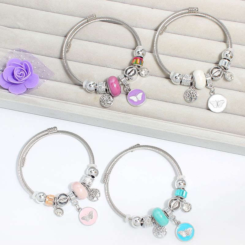 304 Stainless Steel IG Style Fairy Style Modern Style Beaded Life Tree Butterfly Bangle