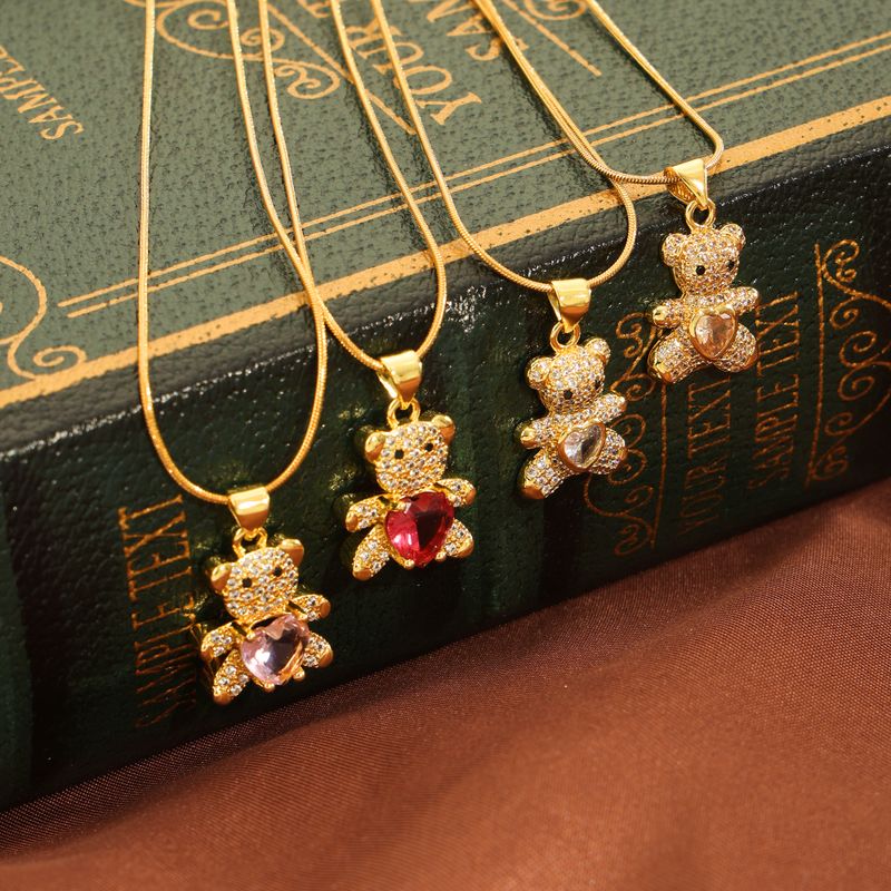 Copper Cute Lady Sweet Plating Inlay Bear Rhinestones Glass Zircon Pendant Necklace