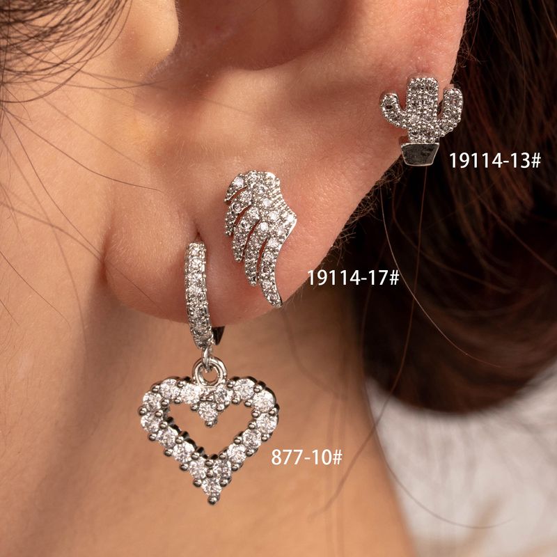 1 Piece Casual Simple Style Cactus Heart Shape Wings Inlay Copper Zircon Ear Studs