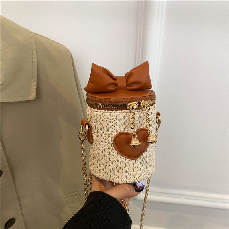 Women's Small Straw Heart Shape Solid Color Cute Basic Bowknot Cylindrical Zipper Crossbody Bag
