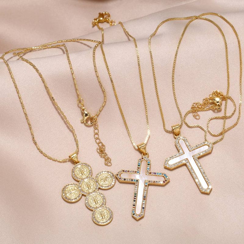 Copper 18K Gold Plated Basic Classic Style Commute Plating Inlay Cross Round Zircon Pendant Necklace
