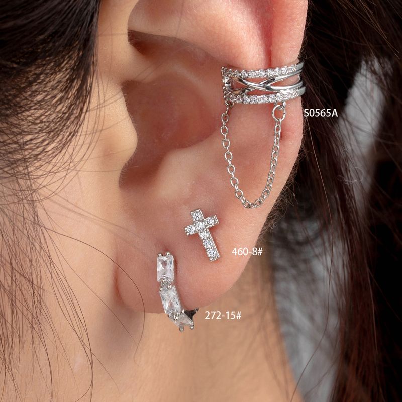1 Piece Casual Simple Style Cross Chain Inlay Copper Zircon Ear Studs
