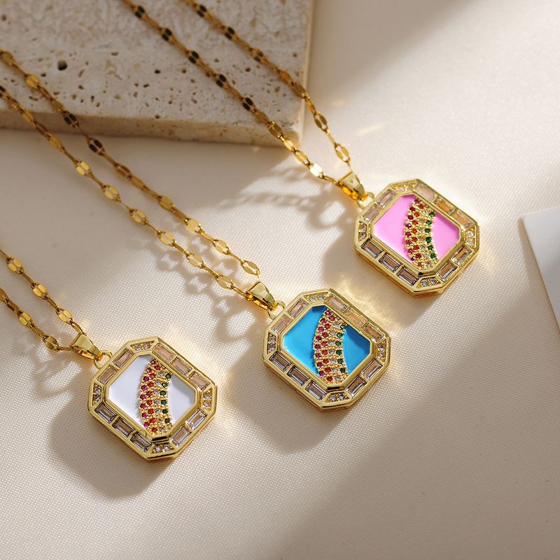 Copper IG Style Lady Modern Style Inlay Rainbow Rectangle Zircon Pendant Necklace