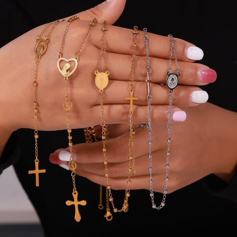 304 Stainless Steel 18K Gold Plated Casual Retro Simple Style Plating Cross Round Heart Shape Long Necklace