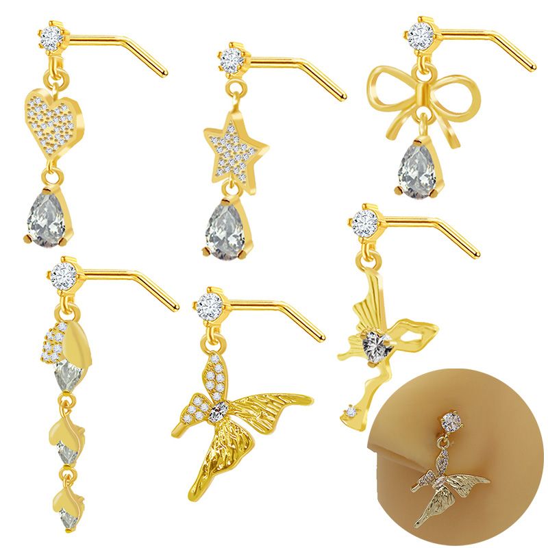 1 Piece Nose Rings & Studs Glam Rock Ethnic Style Star Heart Shape Butterfly 316 Stainless Steel  Copper Plating Inlay Rhinestones Zircon Gold Plated Nose Rings & Studs