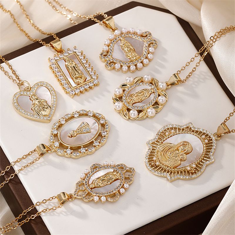 Wholesale Casual Elegant Classic Style Geometric Virgin Mary 304 Stainless Steel Copper Inlay K Gold Plated Artificial Pearls Gold White Diamond Pendant Necklace