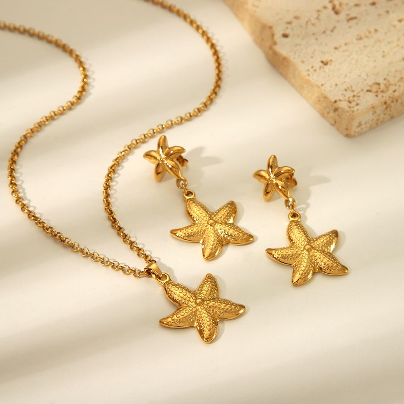 304 Stainless Steel 18K Gold Plated Hawaiian Vacation Classic Style Plating Starfish Earrings Necklace
