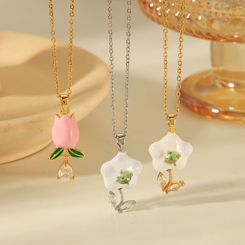 304 Stainless Steel Copper 18K Gold Plated Casual Sweet Commute Inlay Flower Tulip Glass Zircon Pendant Necklace