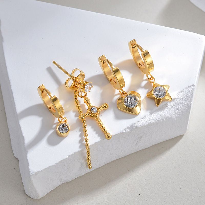 1 Set Casual Simple Style Commute Cross Star Heart Shape Plating Inlay 201 Stainless Steel 304 Stainless Steel Zircon 18K Gold Plated Drop Earrings