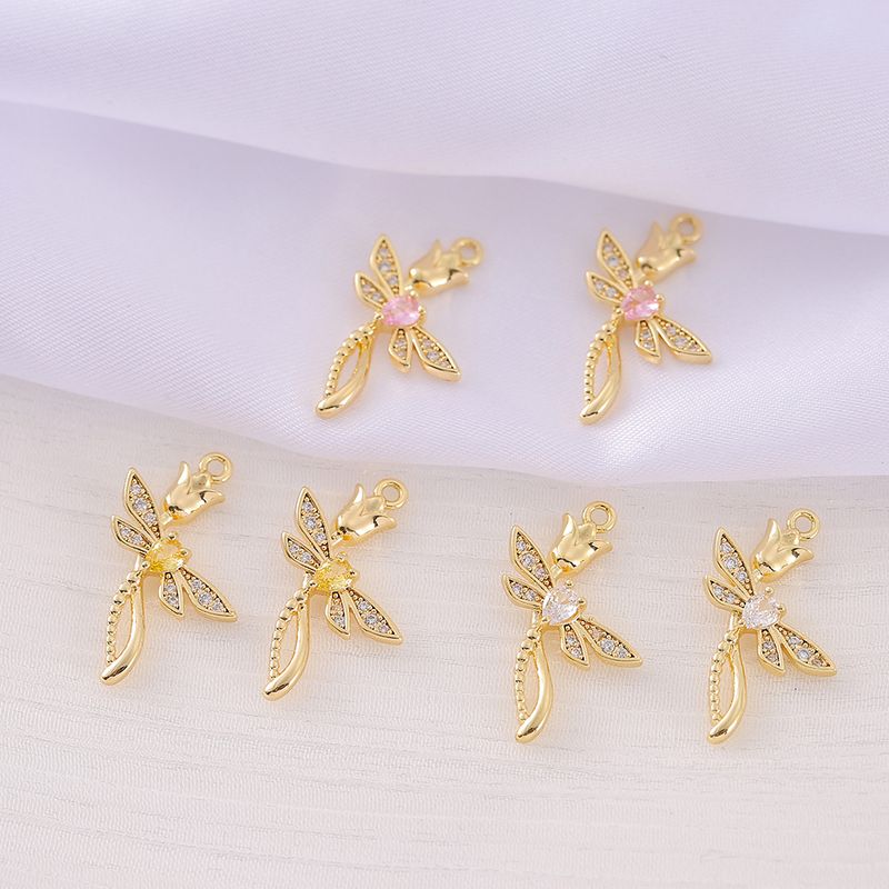 1 Piece 17*24mm Copper Zircon 18K Gold Plated Rose Dragonfly Polished Pendant