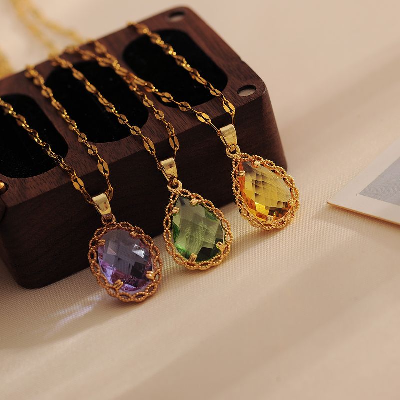 Wholesale Casual Simple Style Shiny Water Droplets Titanium Steel Copper Inlay 18K Gold Plated Zircon Pendant Necklace