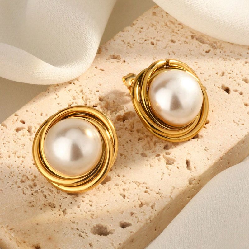 1 Pair Elegant Baroque Style Round Heart Shape Plating Inlay 304 Stainless Steel Artificial Rhinestones Plastic 18K Gold Plated Drop Earrings Ear Studs