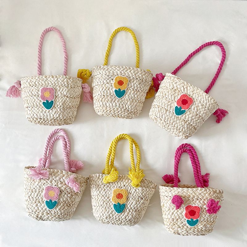Women's Small Straw Flower Cute Weave Bucket Open Straw Bag