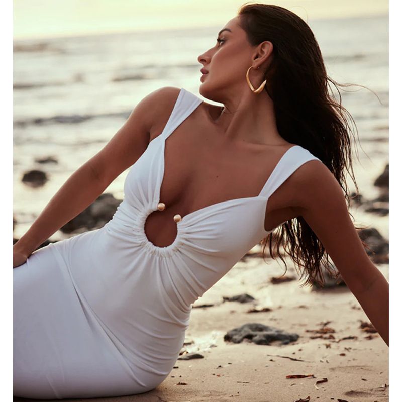 امرأة فستان ضيق جنسي رقبة على شكل V معدن بلا أكمام اللون الصامد فستان طويل ماكسي يوم الاجازة شاطئ بحر