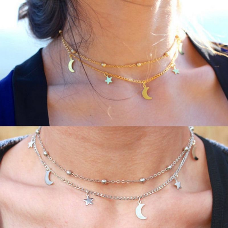 IG-Stil Stern Mond Zinklegierung Überzug Frau Doppellagige Halsketten