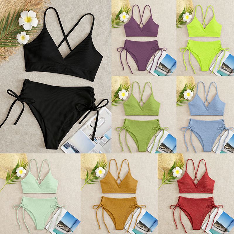 Women's Solid Color 2 Pieces Set Bikinis Swimwear