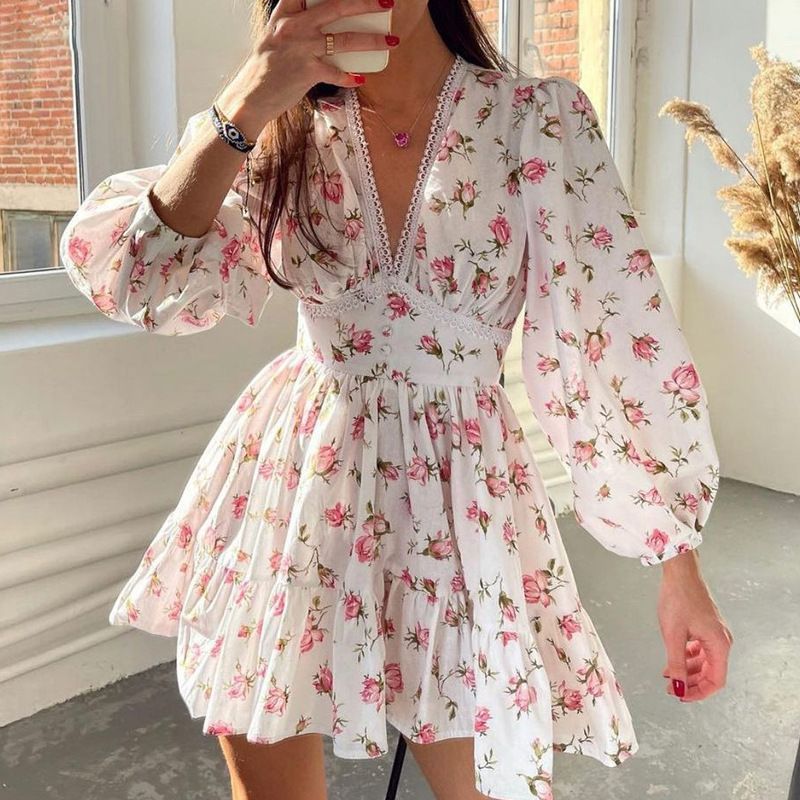 Women's Regular Dress Vacation V Neck Printing Lace Nine Points Sleeve Printing Above Knee Holiday Beach