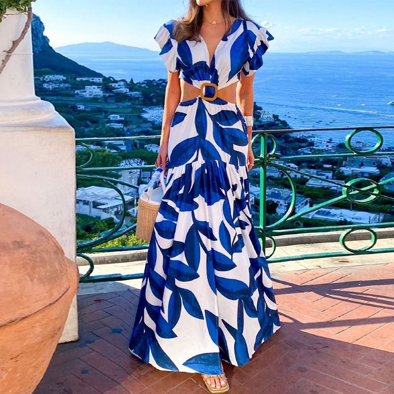 Women's Swing Dress Vacation V Neck Printing Short Sleeve Printing Maxi Long Dress Holiday Beach