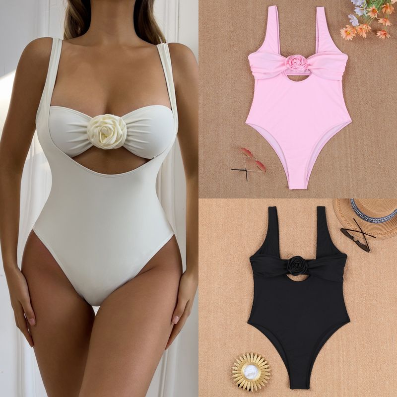 Mujeres Sexy Color Sólido Flor Juego De 2 Piezas Bikinis Traje De Baño