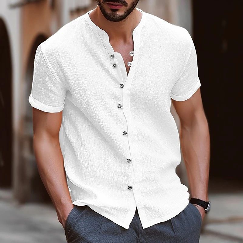 Men's Solid Color British Style V Neck Short Sleeve Loose Men's T-shirt