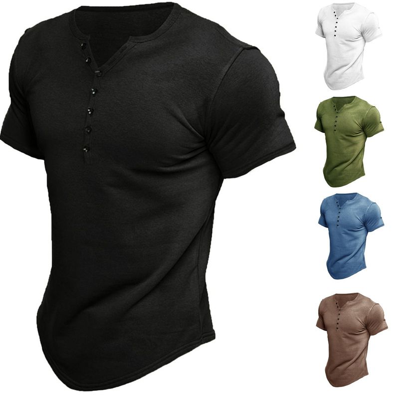Men's Solid Color Simple Style Standing Collar Short Sleeve Loose Men's T-shirt