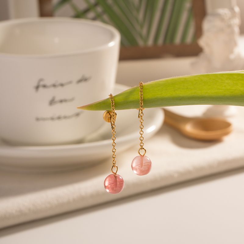 1 Pair IG Style Casual Round Tassel 304 Stainless Steel Pink Crystal 18K Gold Plated Drop Earrings