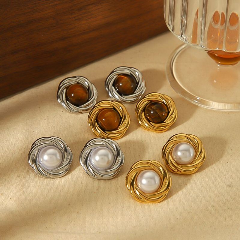 1 Paar Einfacher Stil Klassischer Stil Geometrisch Polieren Überzug Edelstahl 304 Künstliche Perlen Naturstein 18 Karat Vergoldet Ohrstecker