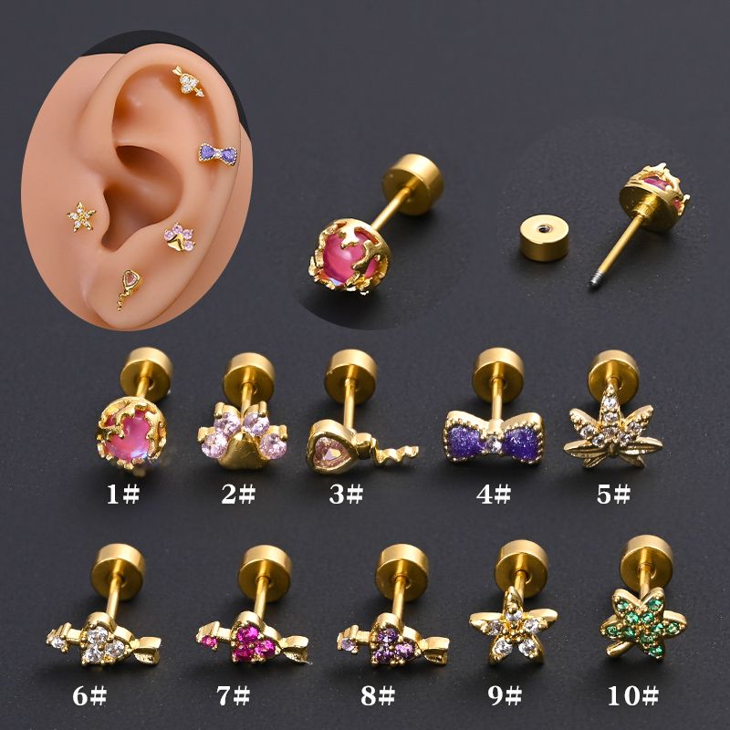 1 Piece Ear Cartilage Rings & Studs Ethnic Style Classic Style Star Leaves Heart Shape 304 Stainless Steel Copper Polishing Inlay Diamond 18K Gold Plated Ear Cartilage Rings & Studs