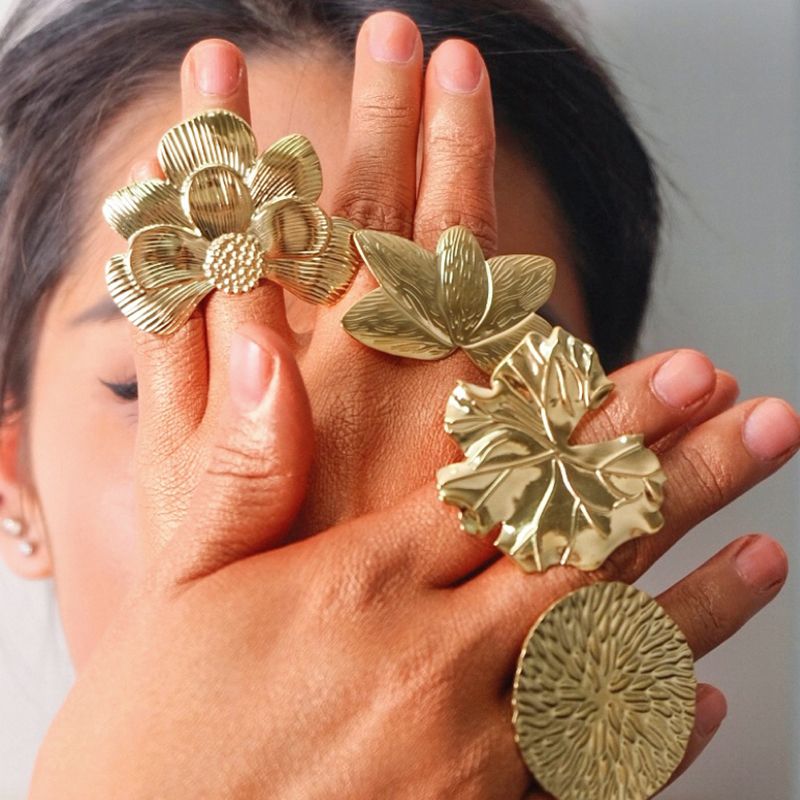 304 Stainless Steel 14K Gold Plated IG Style Sweet Plating Round Flower Open Rings