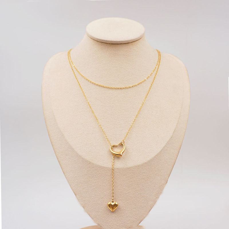 304 Stainless Steel Titanium Steel Gold Plated IG Style Casual Simple Style Handmade Hollow Out Heart Shape Double Layer Necklaces