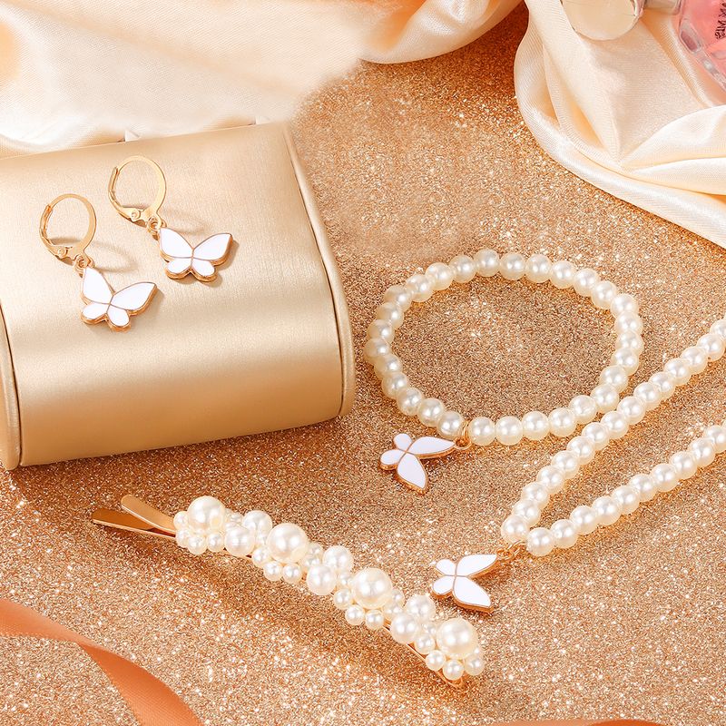 Elegant Romantic Shiny Butterfly Artificial Pearls Rhinestones Arylic Alloy Wholesale Jewelry Set