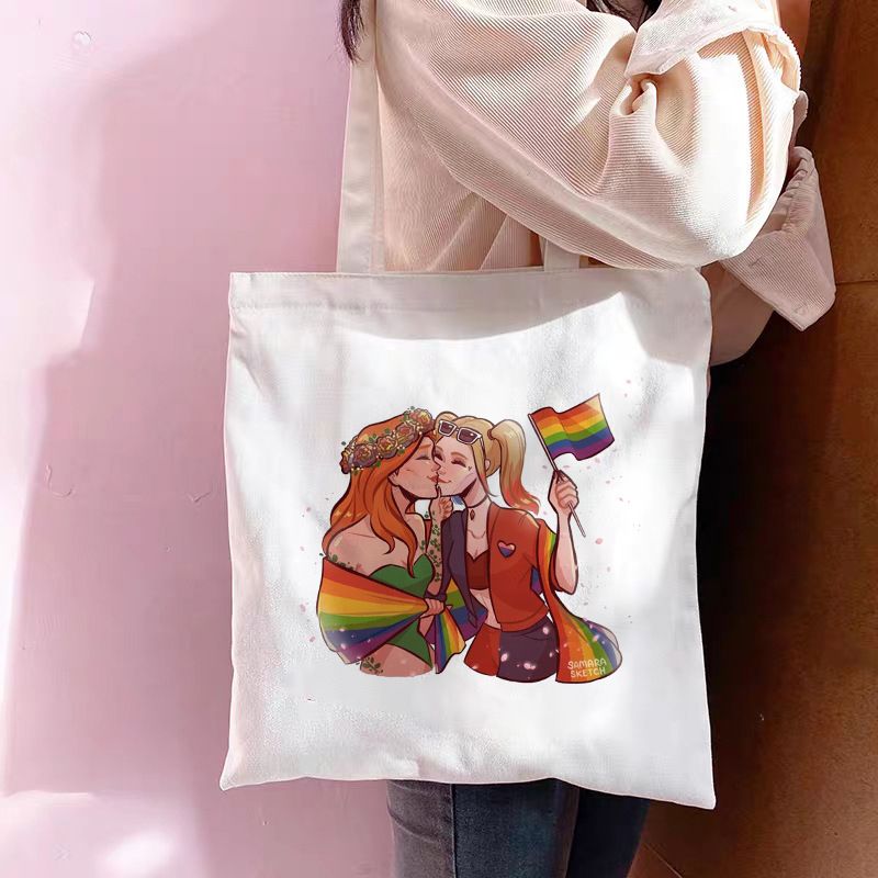 Femmes Moyen Toile Lettre Arc-En-Ciel De Base Vêtement De Rue Carré Ouvert Sac De Toile