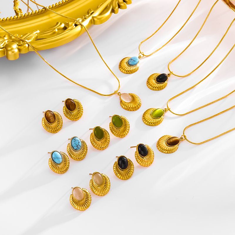 Edelstahl 304 18 Karat Vergoldet Einfacher Stil Klassischer Stil Inlay Oval Achat Ohrringe Halskette