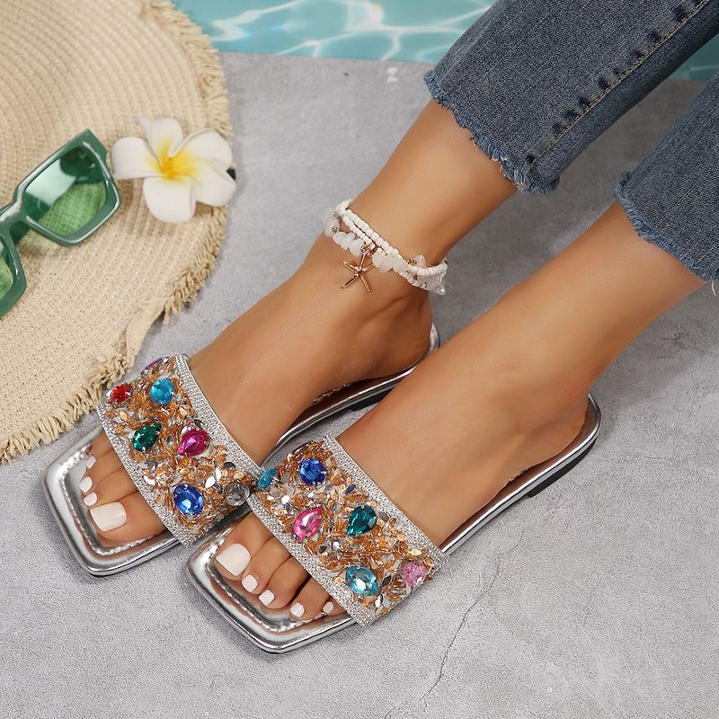 Women's Casual Vacation Solid Color Rhinestone Square Toe Slides Slippers