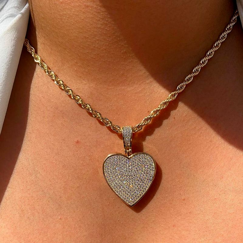 304 Stainless Steel Copper 18K Gold Plated Hip-Hop Simple Style Shiny Inlay Heart Shape Zircon Pendant Necklace