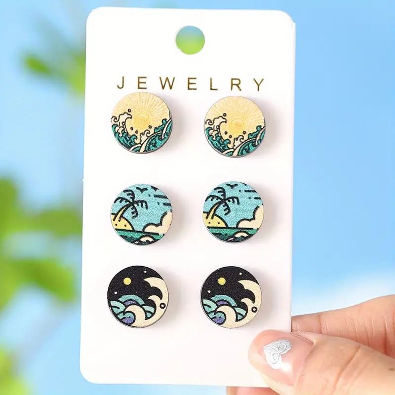 1 Set Simple Style Classic Style Waves Printing Wood Ear Studs