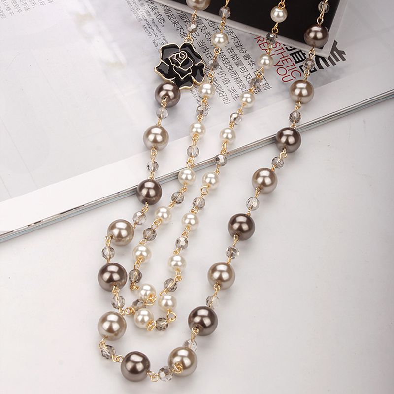 IG Style Sweet Round Flower Imitation Pearl Alloy Beaded Women's Long Necklace Necklace