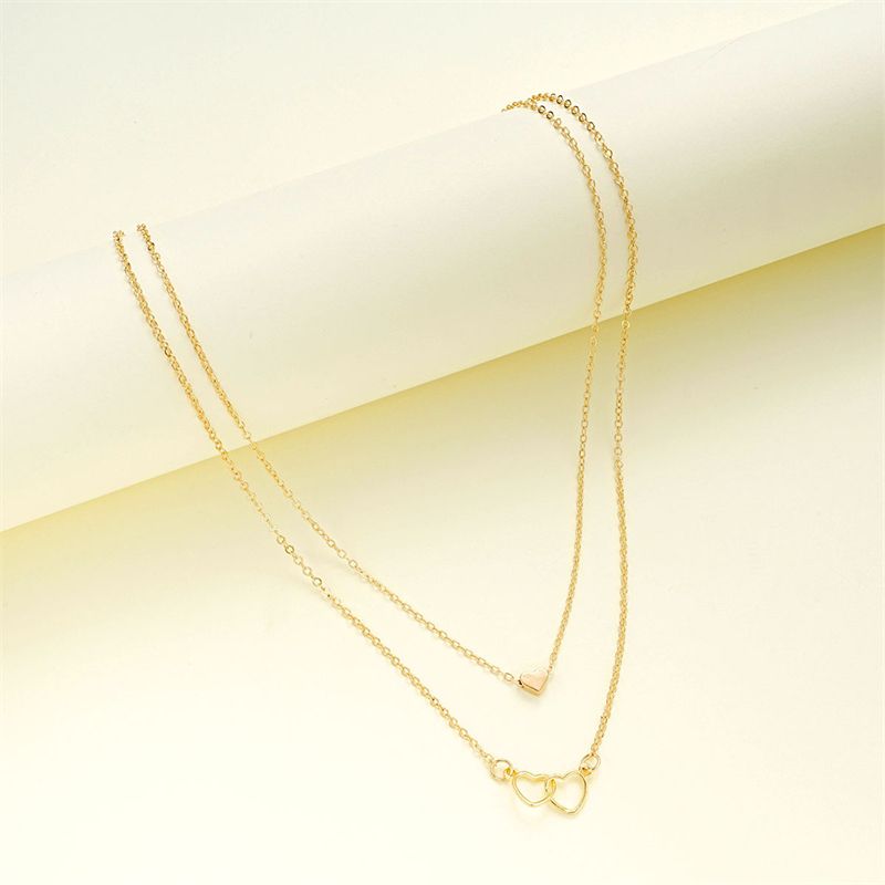 French Style Sweet Korean Style Double Heart Heart Shape Alloy Women's Double Layer Necklaces