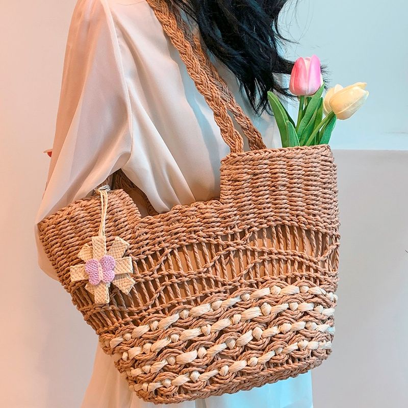 Women's Straw Solid Color Beach Classic Style Weave Zipper Straw Bag