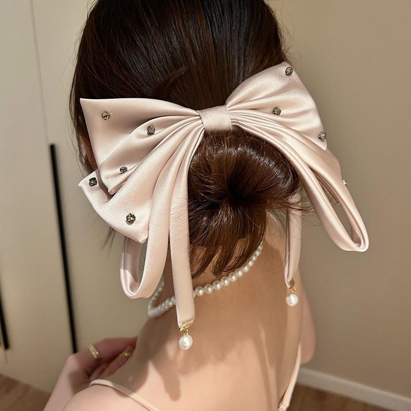 Women's Elegant Lady Bow Knot Satin Inlay Artificial Pearls Zircon Hair Clip